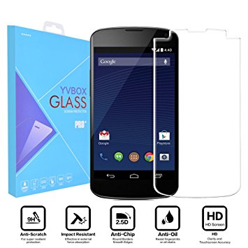 LG Nexus 4 Screen Protector, YVBOX Ultra Thin 9H Anti-Scratch Shatterproof Ballistics Tempered Glass Screen Guard Protective Film for Google Nexus 4 - Clear