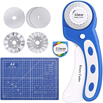 Aitsite Rotary Cutter with 5 Additional Replaceable Blades (45mm) and Cutting Mat (A4), Roller Handle Cutter for Paper, Leather, Fabric, Sewing etc