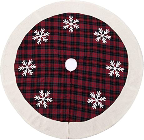 ARCCI 42" Christmas Tree Skirt, Black & Red Plaid with Snowflake Pattern Xmas Skirt, Double Layers Xmas Tree Ornaments, Classic Holiday Decorations