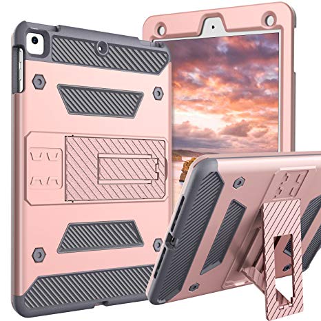 YINLAI Case for iPad 9.7 2017/2018/iPad Air 1st/2nd, Heavy Duty 3 in 1 Hard PC Soft TPU Impact Resistant Functional Kickstand Full Body Protective Cover for iPad Air 1/2/9.7 2017/2018, Rose Gold