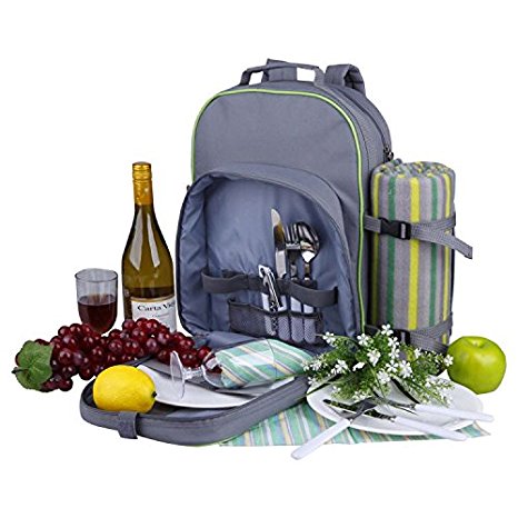 Mergingx Picnic Backpack with Wine Holder Picnic Basket Backpack with Cutlery Set and Fleece Blanket (green 2)