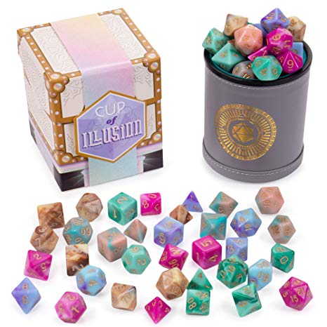 Cup of Illusion: 5 Complete Sets of 7 Premium Two-Color Swirl Polyhedral Role Playing Gaming Dice for Tabletop RPGs | Includes Grey Leather Dice Cup Accessory