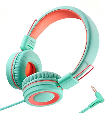 Nilogie A21 Kids Headphones for School/PC/Cellphone/Airplane Travel with 3.5mm Jack Children Boys Girls Foldable Wired On-Ear Headset (Mint Orange)