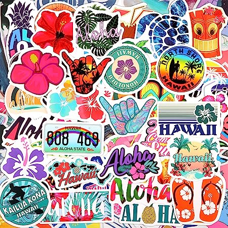 Zonon 100 Pieces Hawaii Beach Stickers Waterproof Vinyl Decal Tropical Hawaii Vinyl Sticker for Water Bottles Computers Laptop Phone Skateboard Notebook Summer Surfing Stickers