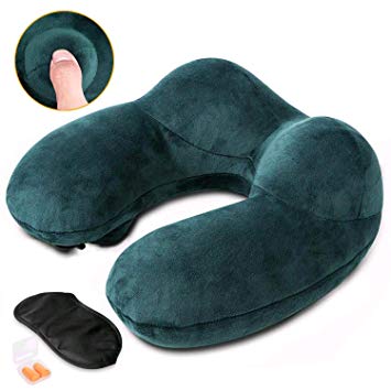 LIANSING Neck Pillow for Airplane, Breathable & Comfortable Inflatable Travel Pillow with Ear Plugs, Eye Mask and Drawstring Bag (Green)