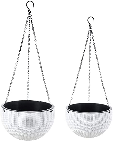 Foraineam 2-Pack Dual-pots Design Hanging Basket Planters Self-Watering Indoor Outdoor Plant & Flower Hanging Pots with Drainer and Chain, 2 Size Assorted (White)