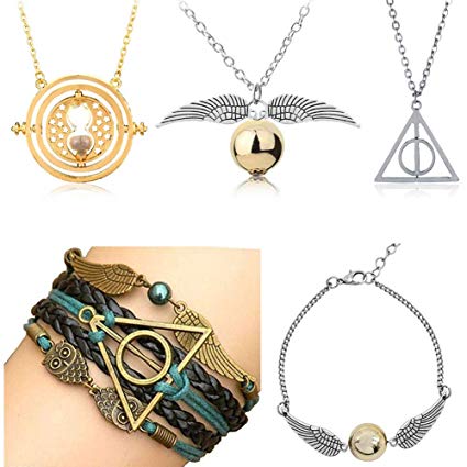 4MEMORYS 5PCS Harry Potter Necklace Set Time Turner Deathly Hallows Golden Snitch for Harry Potter Fans Gifts Collection Magical Cosplay Costume Jewelry Gift (5pcs)