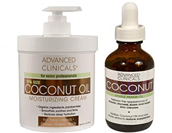 Advanced Clinicals Coconut Skin Care Value Set! 16oz Coconut Oil Moisturizing Cream and 1.8oz Coconut Face oil set. Best coconut cream and oil for face, body and hair.