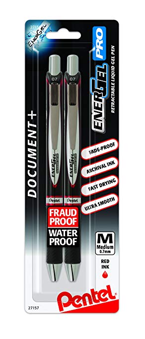 Pentel EnerGel Pro Permanent Gel Ink Pen, (0.7mm) Medium Point, Red Ink, 2-Pk (BLP77BP2B)