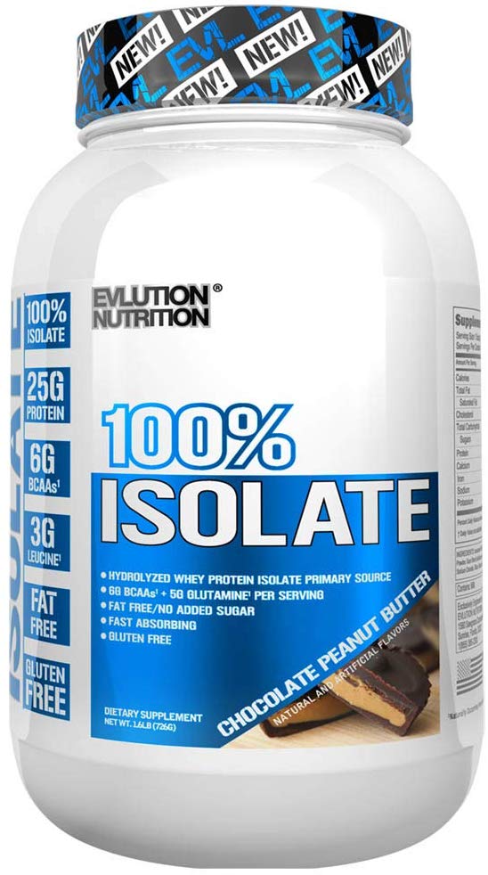 Evlution Nutrition 100% Isolate, Hydrolyzed Whey Isolate Protein Powder, 25 G of Fast Absorbing Protein, No Sugar Added, Low-Carb, Gluten-Free (Chocolate Peanut Butter, 1.6 LB)