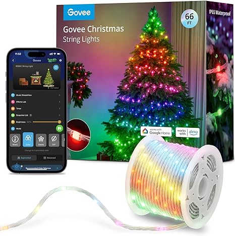 Govee Christmas String Lights, Halloween Decorations Indoor, 20M RGBIC Indoor Lights with 200 LED Lights, App Control with 99  Dynamic Scene Modes, IP65 Waterproof, Sync with Music, Alexa Compability