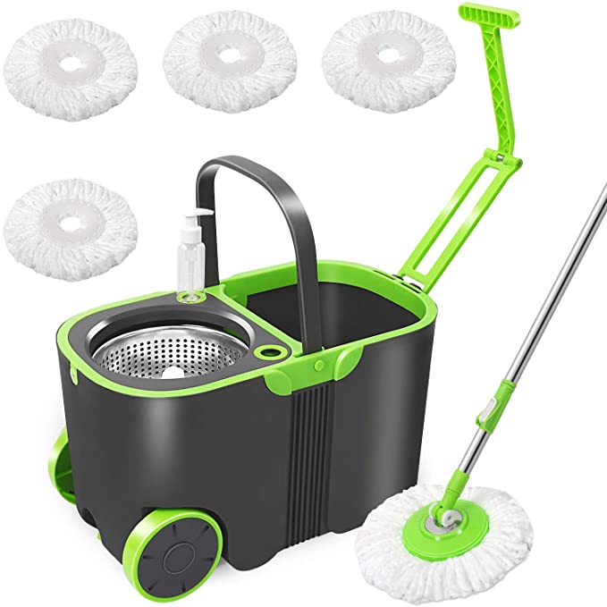 Spin Mop and Bucket Floor Cleaning Set with 4 Mop Pads Refills, 13L Bucket,Telescopic Stainless Steel and Hand Detergent Dispenser