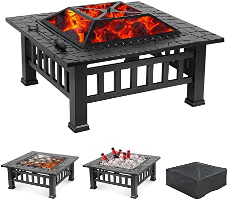 GARTIO Outdoor Fire Pit, 32'' Square Metal Firepit Table,Wood Burning Stove BBQ Table, Ice Pit, Heater, Waterproof Cover, Suitable for Backyard Garden Camping Party