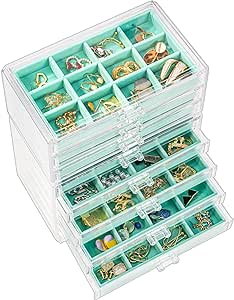 ProCase Earring Holder Organizer Jewelry Box with 8 Drawers, Acrylic Clear Earring Case with Adjustable Velvet Trays for Women - Aqua, 8 Layers