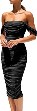PRETTYGARDEN Women's Summer Off The Shoulder Ruched Bodycon Dresses Sleeveless Sexy Party Club Midi Dress
