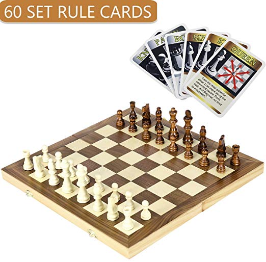 iBaseToy Folding Wooden Chess Set with 60 Game Rules Cards for Adults Kids Beginners Large Chess Board - 15" x 15" x 1”