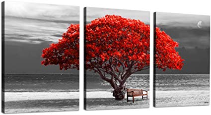 Hyidecor Art 3 Piece Wall Art for Living Room Decorations Photo Prints - The red Tree The Scenery Landscape - Modern Home Decor The Room Stretched and Framed Ready to Hang Artwork - 16"x24"x3 Panels