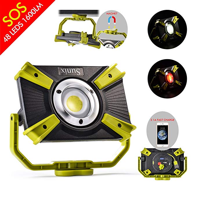 LED Work Light 48LEDS 1600LM 20W Rechargeable Portable with Magnet Clamp Stand Cordless Tac Light SOS Mode Spotlight Camping Emergency 2.1A Fast Charging for Truck Tractor Workshop Construction Site