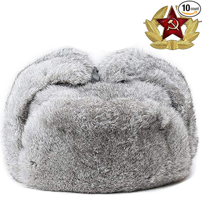Valpeak Mens Winter Real Rabbit Fur Russian Ushanka Hats