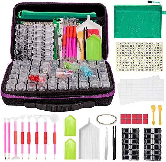 60 Slots Diamond Embroidery Box, 142pcs 5D Diamond Painting Tools Set, Container Jars, Multiplacers, Straightener, Tweezers, Trays, Clips, Boxes and More for Diamond Embroidery DIY Art Craft