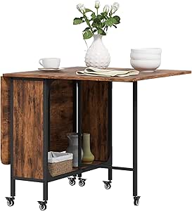 HOMCOM Mobile Drop Leaf Table Folding Kitchen Table Extendable Dining Table For Small Spaces With 6 Wheels & Storage Shelf Rustic Brown