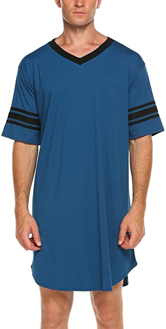 Ekouaer Men's Nightshirt, Cotton Nightwear Comfy Big&Tall V Neck Short Sleeve Soft Loose Pajama Sleep Shirt