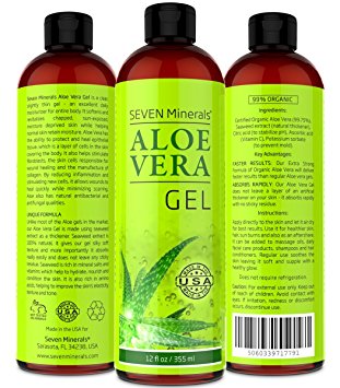 BEST Aloe Vera GEL - 99% Organic, 12oz - NO XANTHAN, Absorbs Rapidly, No Residue - USA made - SEE RESULTS OR MONEY-BACK - Unique Formula with natural SEAWEED. Best Moisturizer for Face, Skin & Hair.