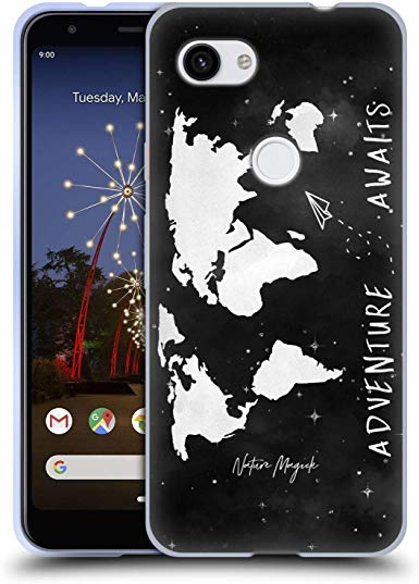 Official Nature Magick Black and White Travel Quote Adventure Awaits World Map 2 Soft Gel Case Compatible for Google Pixel 3a