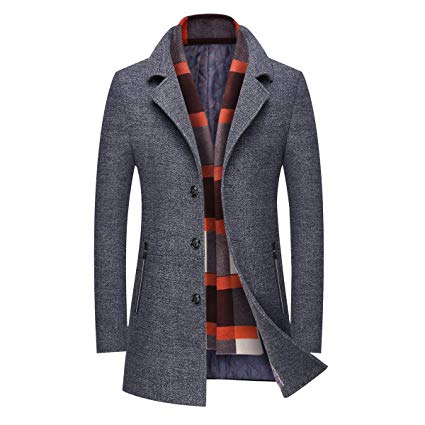 INVACHI Men's Slim Fit Winter Warm Short Woolen Coat Business Jacket with Free Detachable Soft Touch Wool Scarf