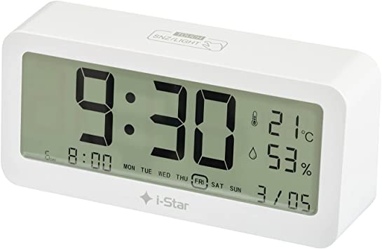 Digital Alarm Clock with Date, Indoor Temperature and Humidity Display, Battery Operated Digital Clock, Small Alarm Clocks for Bedrooms with LED Backlight, Easy to Read Desk Clock, White Alarm Clock