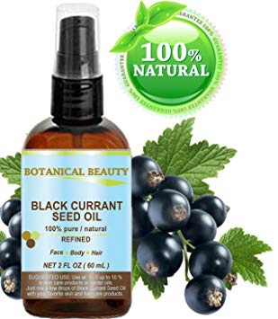 BLACK CURRANT SEED OIL. 100% Pure / Natural / Undiluted / Refined Cold Pressed Carrier oil. 2 Fl.oz. - 60ml. For Skin, Hair, Lip and Nail Care. "One of the richest in gamma-linolenic acid, Omega 3, 6 and 9 Essential Fatty Acids". by Botanical Beauty