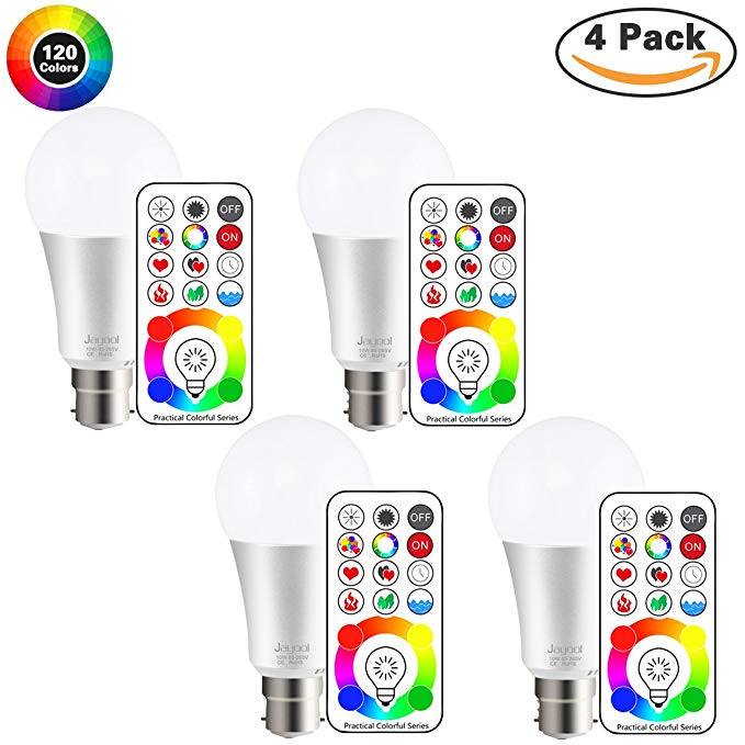 Jayool B22 LED Colour Changing Light Bulb, 10W Bayonet Remote Control Bulb with Timing, 120 Multi Colours, RGB   Daylight White (6500K) -3rd Generation(4 Pack)