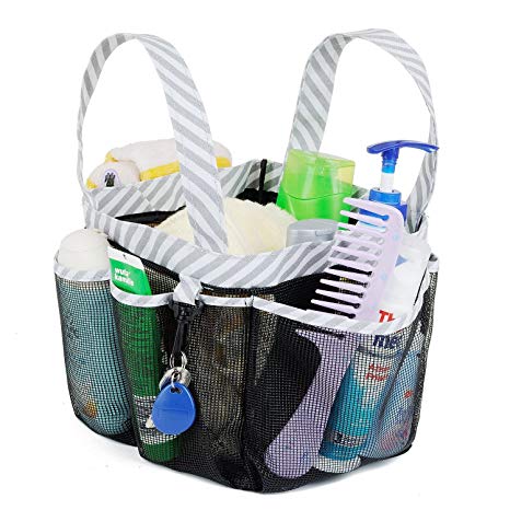 Haundry Mesh Shower Caddy Tote, Large College Dorm Bathroom Caddy Organizer with Key Hook and 2 Oxford Handles, Quick Hold, 8 Basket Pockets for Camp Gym