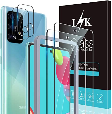 LϟK 4 Pack Screen Protector for Samsung Galaxy A52 5G with 2 Pack Tempered Glass and 2 Pack Camera Lens Protector - HD Clear 9H Hardness Bubble Free Easy Installation Screen Protective Film