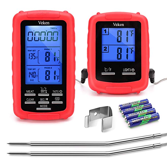 Veken Wireless Digital BBQ Meat Thermometer, Remote Cooking Food Grill Thermometer with Dual Probes for Grilling, Upgraded Oven Smoker Thermometer Kitchen Tools, Battery Included (230 Feet), Red