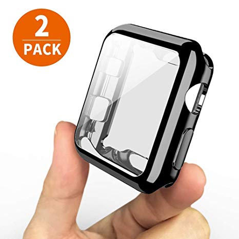 [2-Pack] UBOLE Case for Apple Watch Screen Protector 38mm, One Soft TPU All-Around Black Cover and One Protective Bumper iWatch Case Both for Apple Watch Series 3, Series 2 (Black, 38mm)