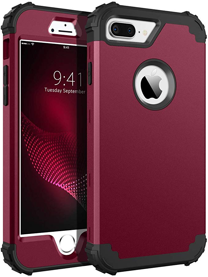 BENTOBEN Case for iPhone 8 Plus/iPhone 7 Plus, 3 Layer Hybrid Hard PC Soft Rubber Heavy Duty Rugged Bumper Shockproof Anti Slip Full-Body Protective Phone Cover for iPhone 8 Plus/7 Plus, Wine Red