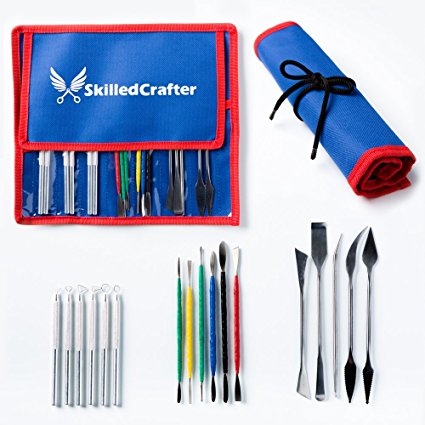 Skilled Crafter Pottery Tools with Case. 28 Stainless Steel & Aluminum Clay Modeling & Sculpting Tools in 17 Piece Set. Professional Quality.   FREE Needle Tool
