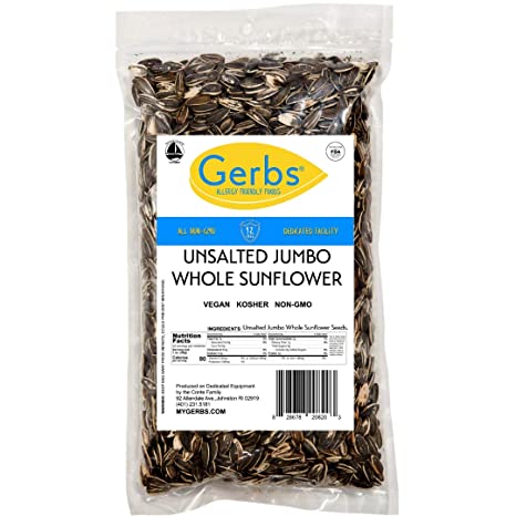 Jumbo Unsalted Sunflower Seeds In Shell by Gerbs – 2 LBS - Top 14 Food Allergen Free & NON GMO - Premium Dry Roasted Whole Sunflower Seed
