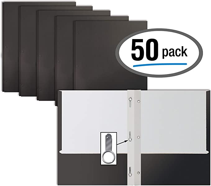 Black Paper 2 Pocket Folders with Prongs, 50 Pack, by Better Office Products, Matte Texture, Letter Size Paper Folders, 50 Pack, with 3 Metal Prong Fastener Clips, Black