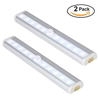 Under Cabinet Lights Stick-on Anywhere - Wireless 10-LED Motion Sensor Night Lights with 3M Magnetic Strip for Kitchen/Drawer/Corridor/Stairs/Trunk/Closet ( 2 Packs Battery Operated ) by Hippih