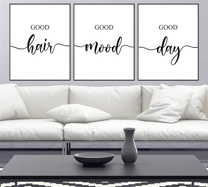 Good Hair Good Mood Good Day Canvas Painting 3 Pieces Hair Quote Wall Art Hairdressing Scissors Posters Prints Gift Artwork for Hair Salon Decor with Inner Frame