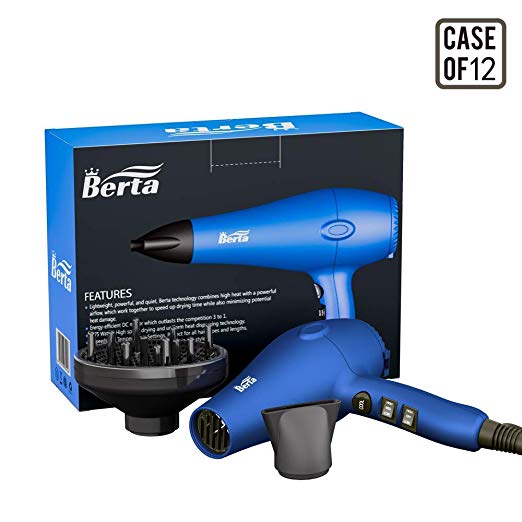 Case of 12 pieces,BERTA Professional Hair Dryer 1875W Negative Ions Hair Blow Dryer 2 Speed and 3 Heat Setting DC Motor with concentrator,Blue