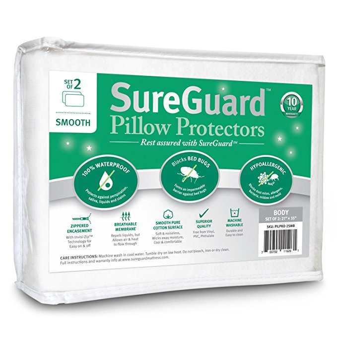 Set of 2 Smooth SureGuard Pillow Protectors - 100% Waterproof, Bed Bug Proof, Hypoallergenic - Premium Zippered Cotton Covers - 10 Year Warranty - Body Size