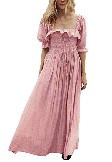 R.Vivimos Women Summer Half Sleeve Cotton Ruffled Vintage Elegant Backless A Line Flowy Long Dresses