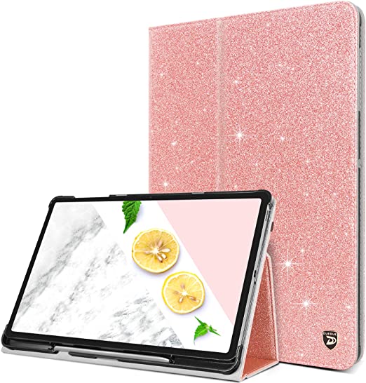 DUEDUE Galaxy Tab S7 FE Case 2021 (SM-T730/T736B), Galaxy Tab S7 Plus Case 2020 SM-T970, Slim Sparkly Glitter Faux Leather Folio Stand Full Body Protective Case for Samsung Galaxy Tab S7 FE/S7  for Women Girls Kids, Rose Gold