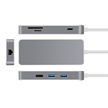 Autoor VT102h Multi-purpose USB3.0 TYPE-C HUB with HDMI interface and TF/SD Card Reader Slot, Multi-Device Connection, PD Charging, Gigabit Ethernet