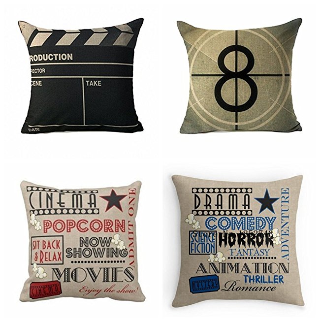 Movie Theater Cinema Personalized Cotton Linen Square Burlap Decorative Throw Pillow Case Cushion Cover 18 Inch (4 Pack)
