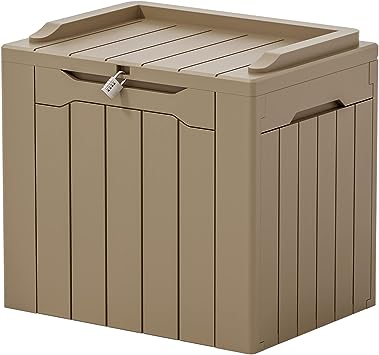 Flamaker Deck Box 31 Gallon Waterproof Resin Storage Box with Lid Indoor Outdoor Storage Bin for Patio Cushions, Toys, Pool Accessories (Khaki)