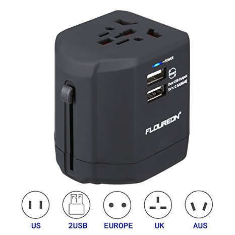 Worldwide Travel Adapter, FLOUREON International Outlet Adaptor Universal Power Adapter Plug Adapter AC Power Plug Adapter With Dual 2.5A USB Charging Ports for Laptop
